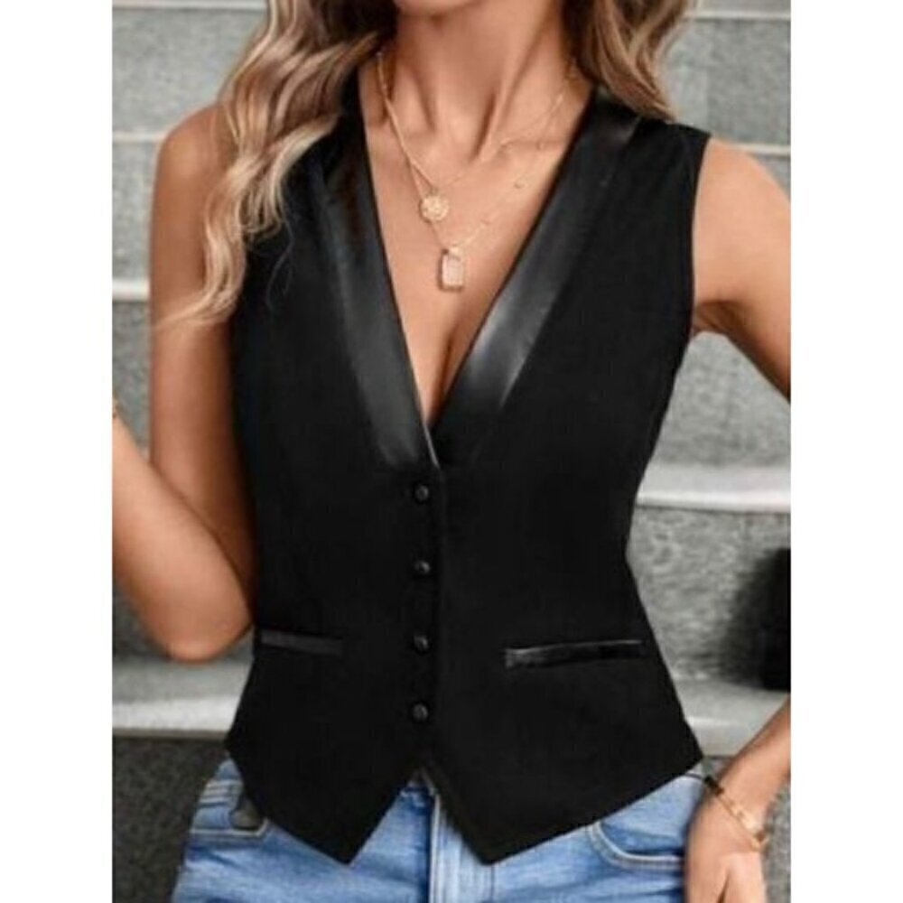 Black Faux Leather Trim Sleeveless Top | Chic V-Neck Blouse